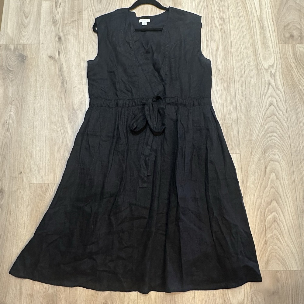 Garnet Hill Linen Surplice Tie-Waist Dress 100% Linen Black Size 14 Fit & Flare
